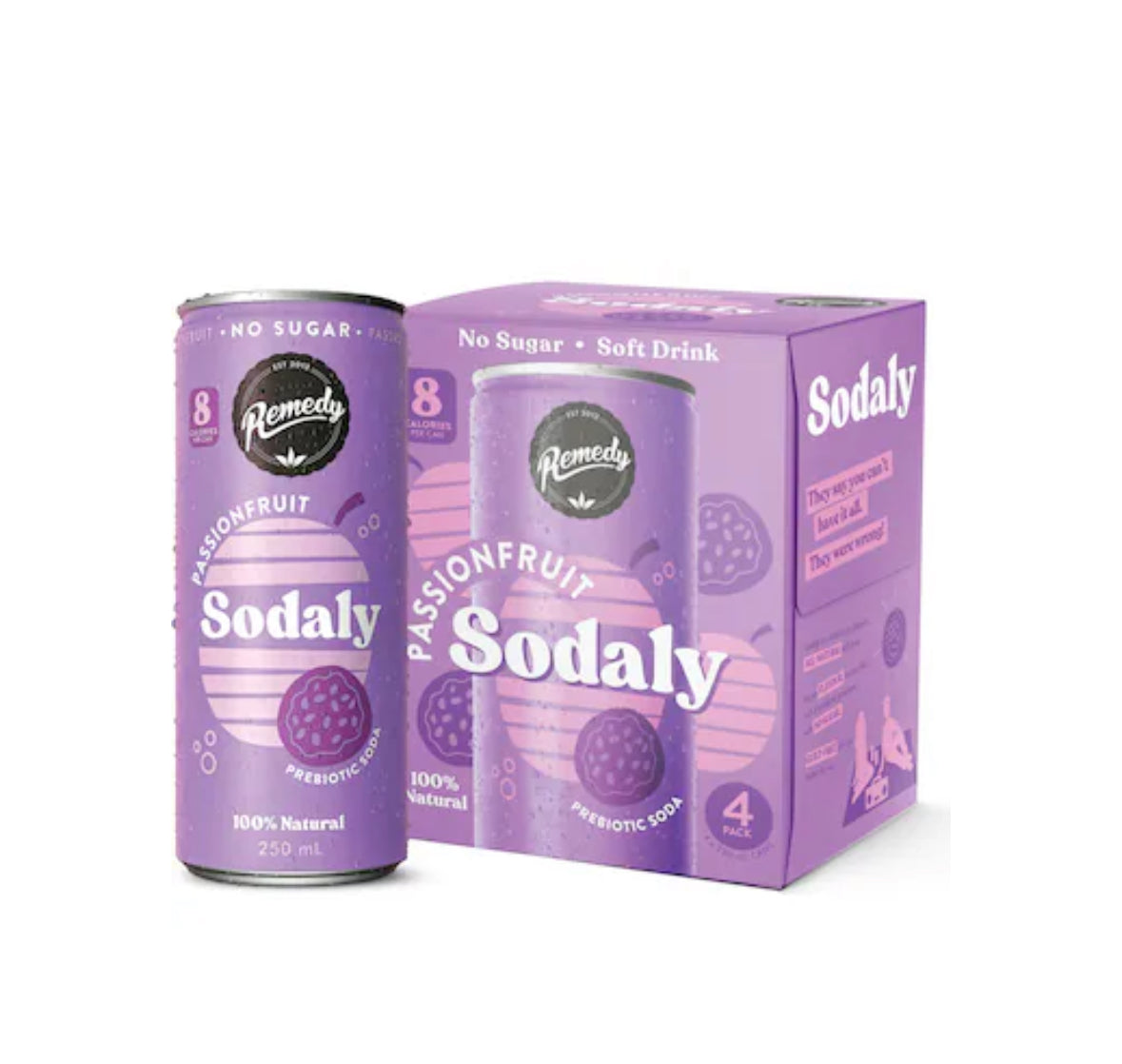 Remedy Passionfruit Sodaly Prebiotic Soda No Sugar Cans 250ml x4 Pack