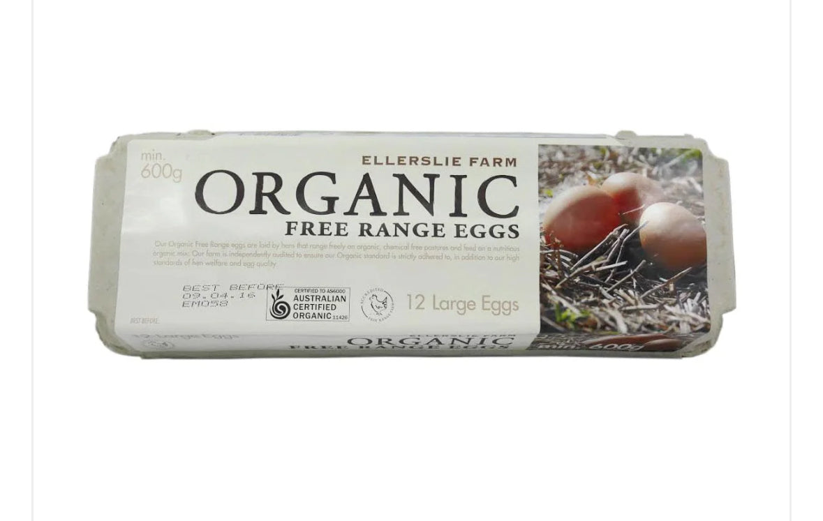 Organic Free Range Eggs 12pk 700g. (Ellerslie Farm)
