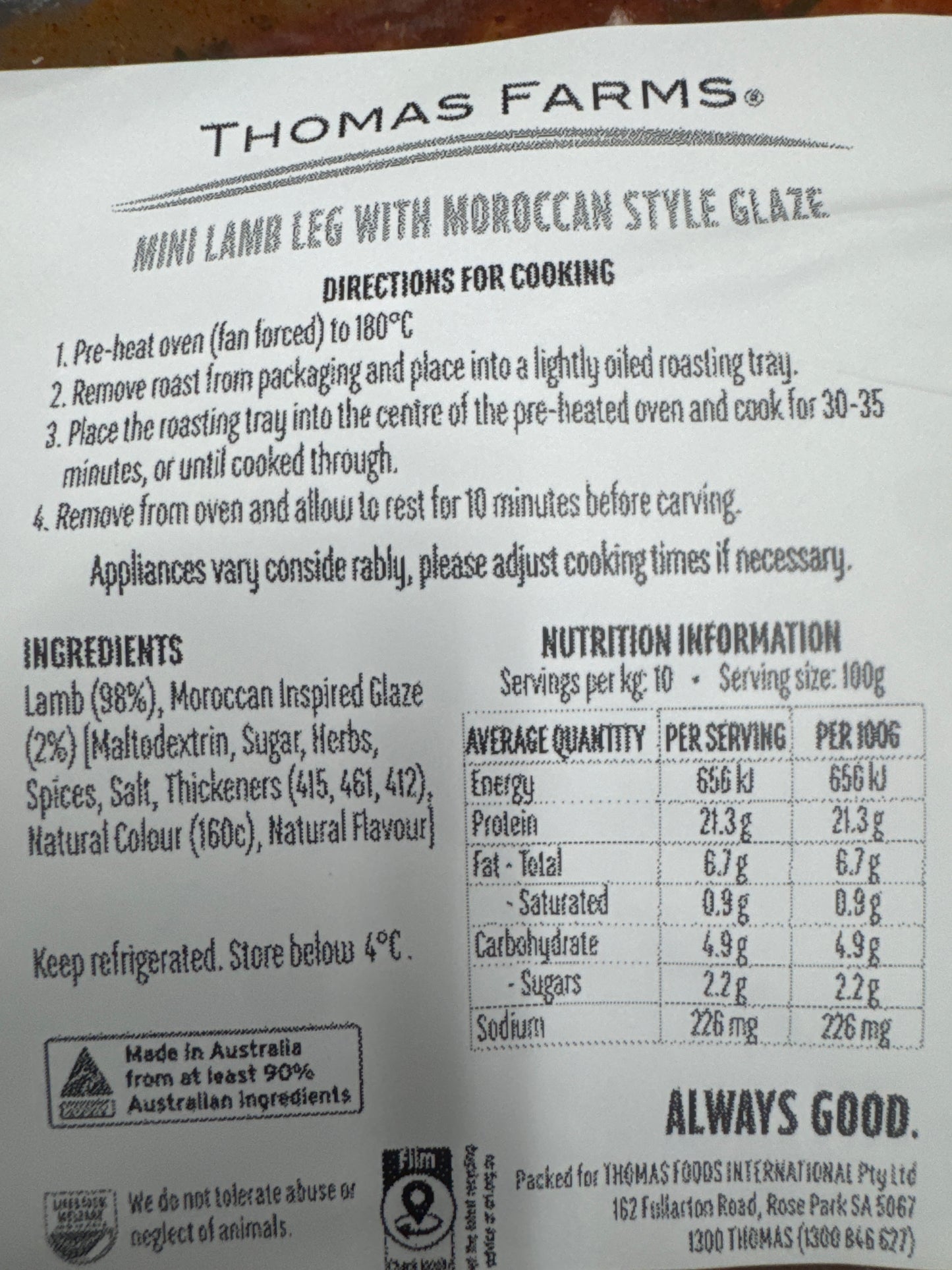 SPECIAL Thomas Farm Mini Lamb Leg with Moroccan style glaze 500g
