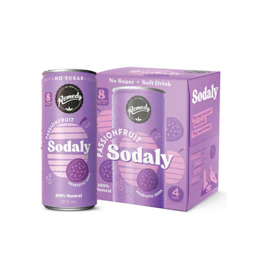 Remedy Passionfruit Sodaly Prebiotic Soda No Sugar Cans 250ml x4 Pack