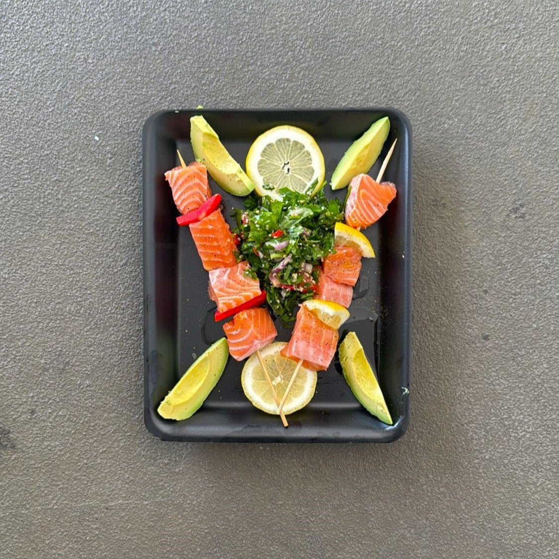 Fresh Salmon Skewers with Avocado, Lemon, and Tabbouleh Salad