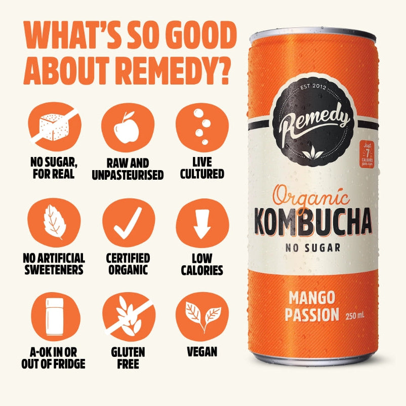 Remedy Mango Passion Kombucha 250ml X4 Pack