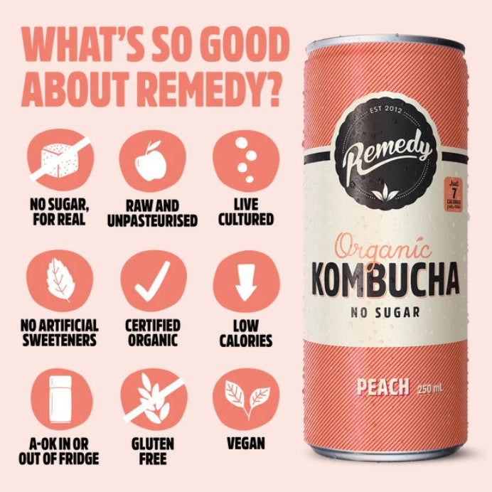 Remedy Peach Kombucha 250ml X4 Pack