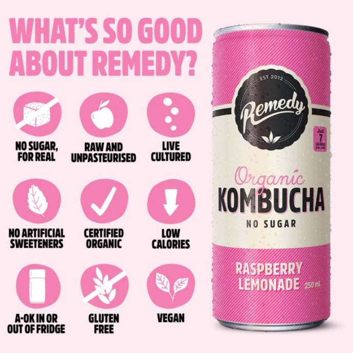Remedy Raspberry Lemonade Kombucha 250ml X4 Pack