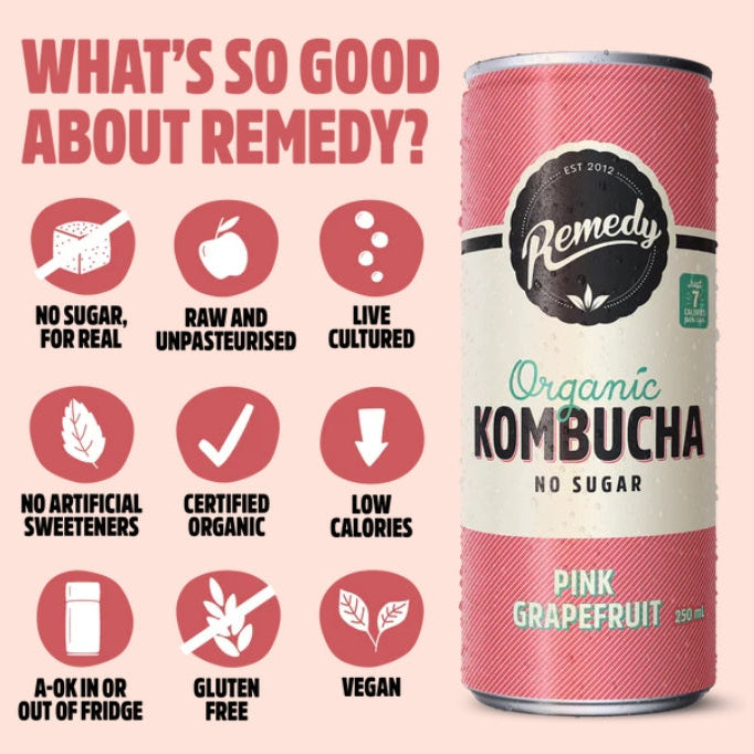Remedy Organic Drinks Kombucha Pink Grapefruit 250ml x 4pk