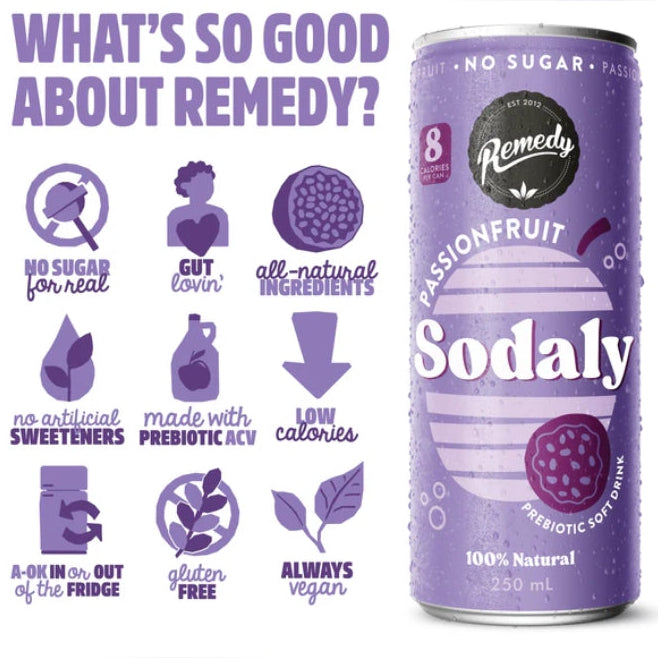 Remedy Passionfruit Sodaly Prebiotic Soda No Sugar Cans 250ml x4 Pack