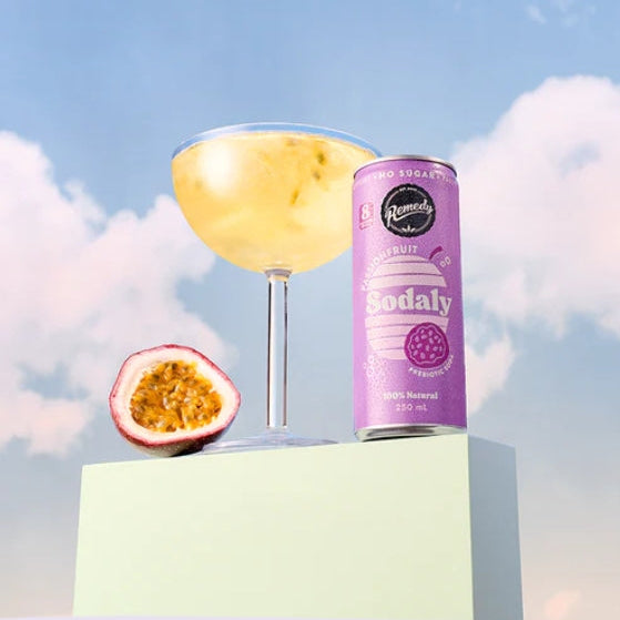 Remedy Passionfruit Sodaly Prebiotic Soda No Sugar Cans 250ml x4 Pack